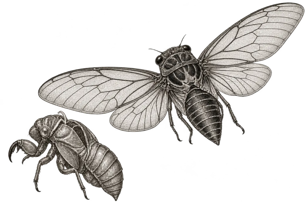 Original black-ink engraving of a cicada beside its empty shed husk. The artwork carries no puzzle data.