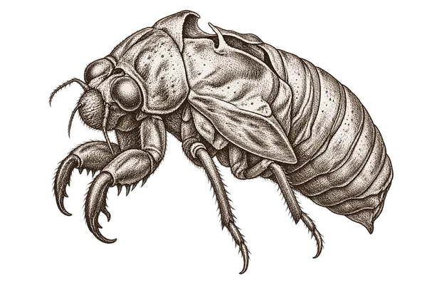Original decorative engraving of an empty cicada husk.